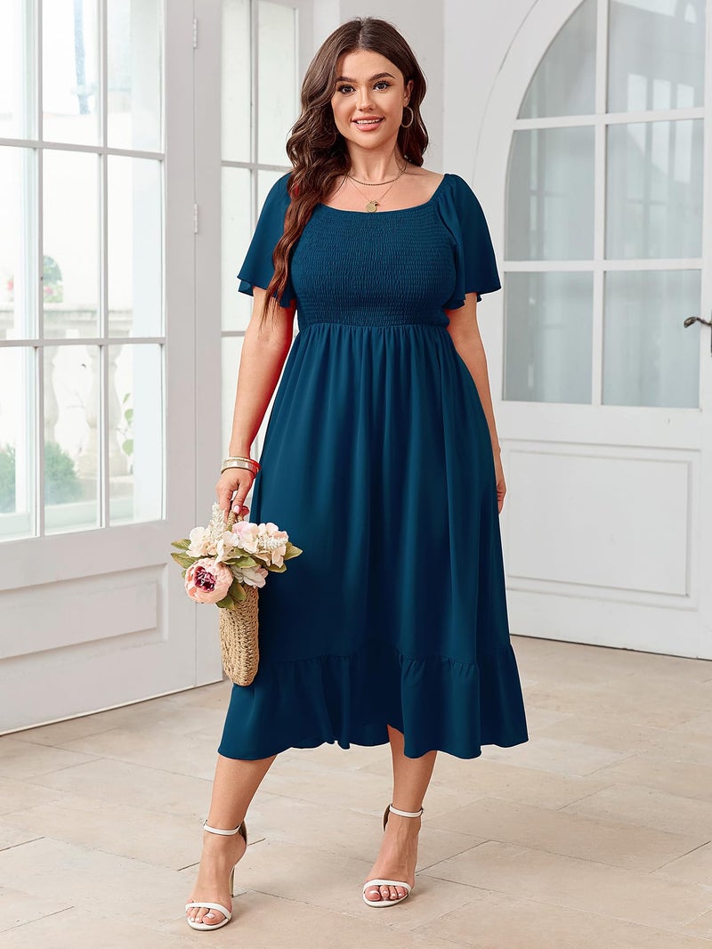 SCOMCHIC Women's Plus Size Summer Dress Casual Short Sleeve Scoop Neck Maxi Dress Smocked Ruffle Boho Flowy Long Dresses Lake Blue - Image 5