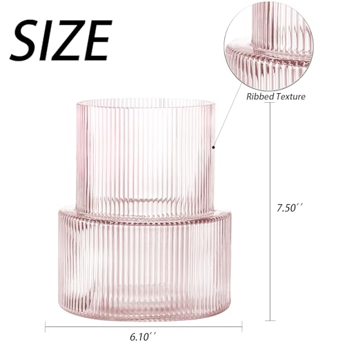 YANWE1 Pink Glass Vase, Ribbed Glass Vase for Tulips, Flower Vases for Bouquet, Pink Modern Vases for Living Room, Dining Table, Entryway, Mantle, Shelf, Wedding, Office, 7.5 Inches - Image 2