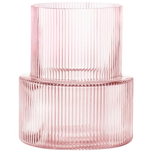 YANWE1 Pink Glass Vase, Ribbed Glass Vase for Tulips, Flower Vases for Bouquet, Pink Modern Vases for Living Room, Dining Table, Entryway, Mantle, Shelf, Wedding, Office, 7.5 Inches - Image 1