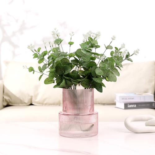 YANWE1 Pink Glass Vase, Ribbed Glass Vase for Tulips, Flower Vases for Bouquet, Pink Modern Vases for Living Room, Dining Table, Entryway, Mantle, Shelf, Wedding, Office, 7.5 Inches - Image 5