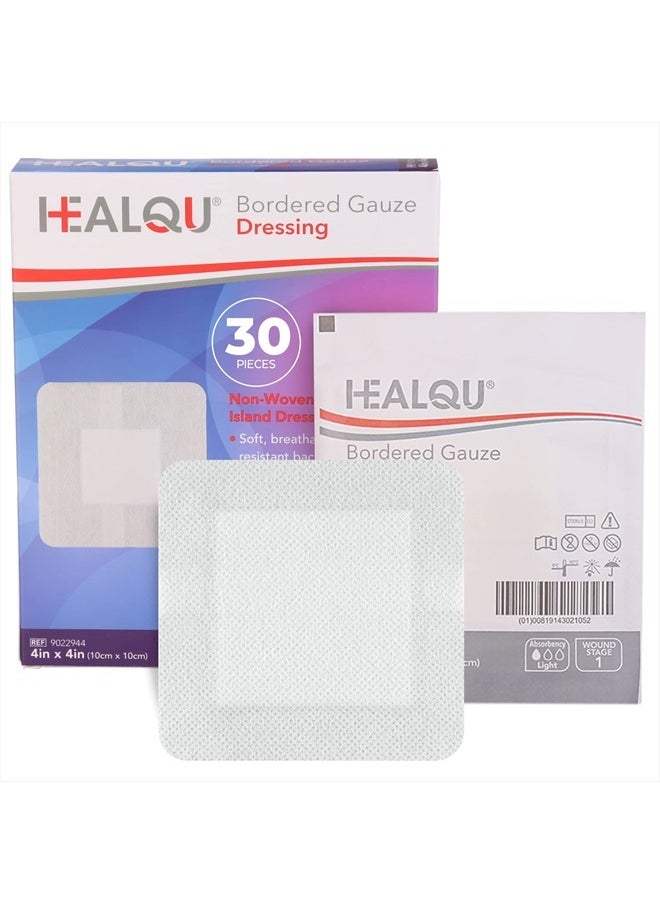 HEALQU - HEALQU Bordered Gauze Island Dressing - 30 Count, 4" x 4" Sterile Individually Wrapped Gauze Pads with Water-Resistant, Non-Woven Backing - Soft and Breathable Wound Dressing for First Aid and Medical - Image 1