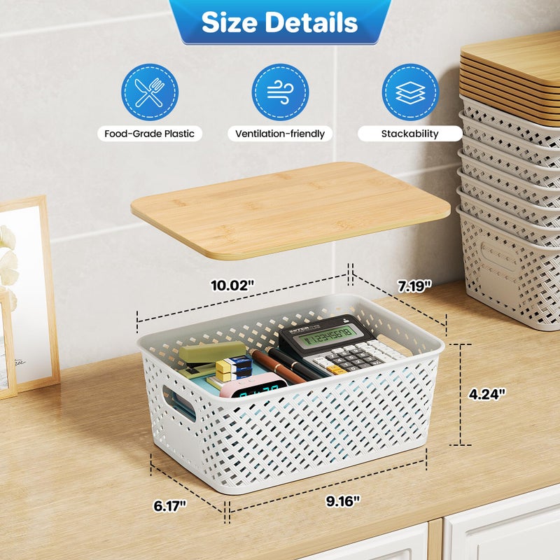Anysig 8 Packs Plastic Storage Bins with Bamboo Lids - Stackable Storage Bins Decorative Small Basket Containers for Organizing Shelves Office Classroom Desktop Closet, Cream White - Image 2