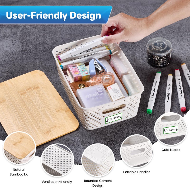 Anysig 8 Packs Plastic Storage Bins with Bamboo Lids - Stackable Storage Bins Decorative Small Basket Containers for Organizing Shelves Office Classroom Desktop Closet, Cream White - Image 3