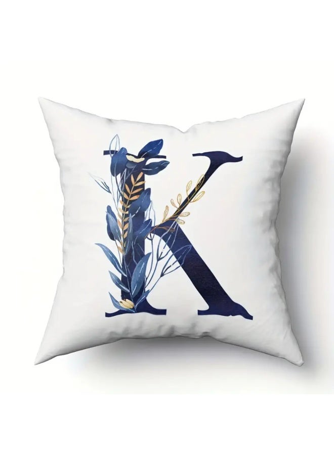 Blue Letter Pattern Square Throw Pillow Cover, Contemporary Style, Zipper Closure, Machine Washable Polyester, Decorative Cushion Case for Living Room Bedroom - Image 1