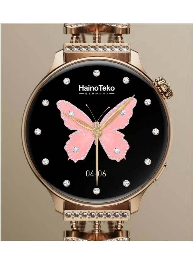 هينو تيكو ساعة هاينو تيكو ألمانيا G12 الذكية الصغيرة مع شاشة AMOLED دائرية الشكل و3 أزواج من الأشرطة وكابل Cgarging مصممة للنساء باللون الذهبي - Image 4