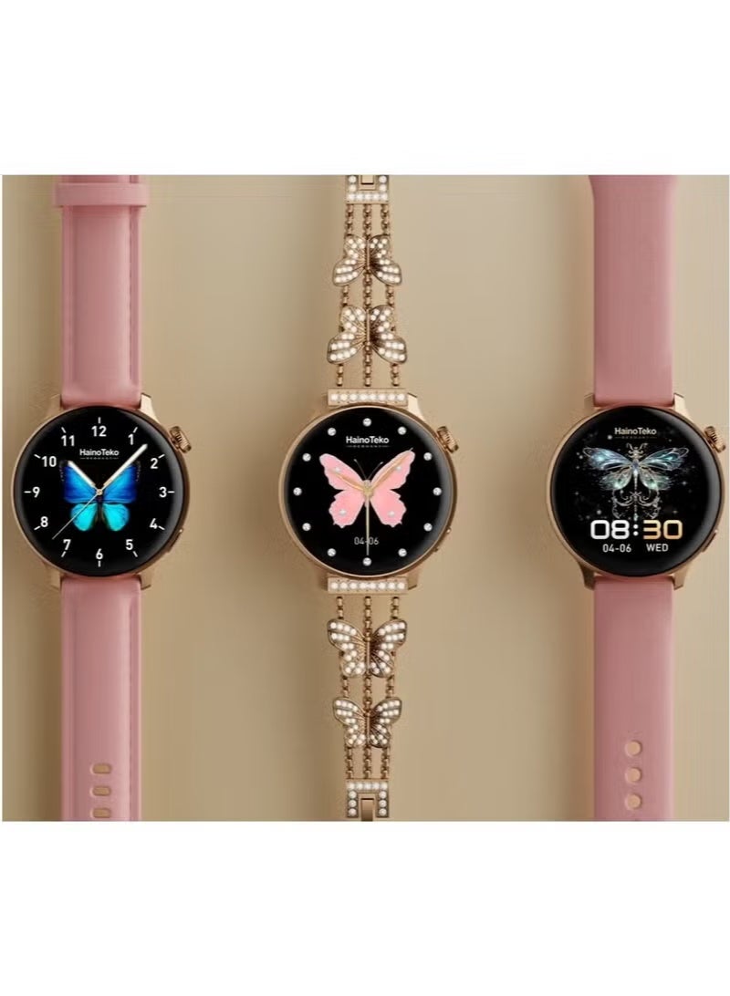 هينو تيكو ساعة هاينو تيكو ألمانيا G12 الذكية الصغيرة مع شاشة AMOLED دائرية الشكل و3 أزواج من الأشرطة وكابل Cgarging مصممة للنساء باللون الذهبي - Image 2
