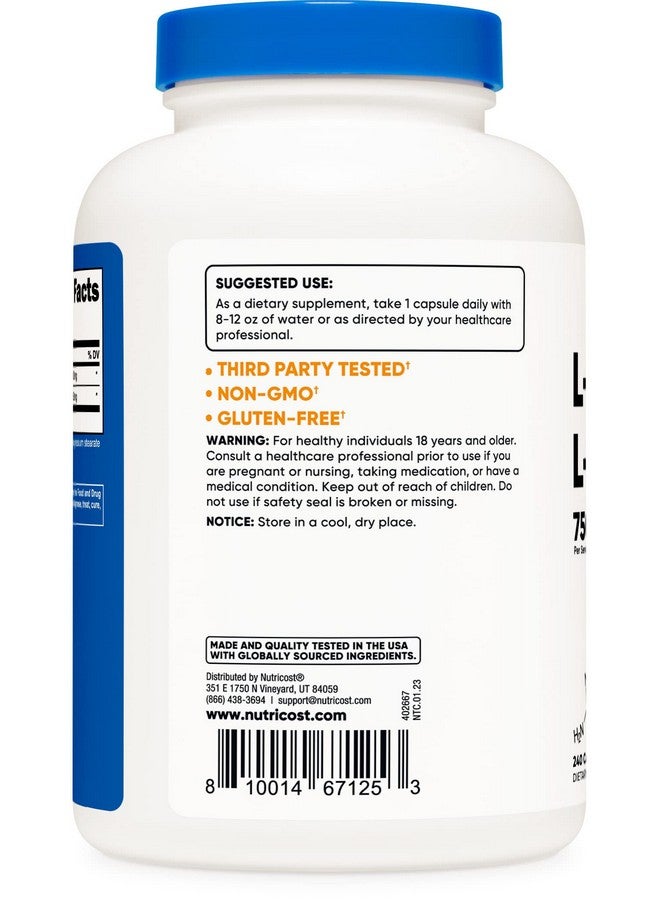 Nutricost مركب لارجينين إل سيترولين 750 ملغ 240 كبسولة غير معدلة وراثيًا - Image 4