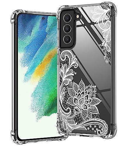 KIOMY Clear Case for Samsung Galaxy S21 FE 5G Shockproof Bumper Protective Cell Phone Back Cover, Hybrid Design Hard PC Back with Flexible TPU Frame Clear with Cute Lace Floral Design - Image 1