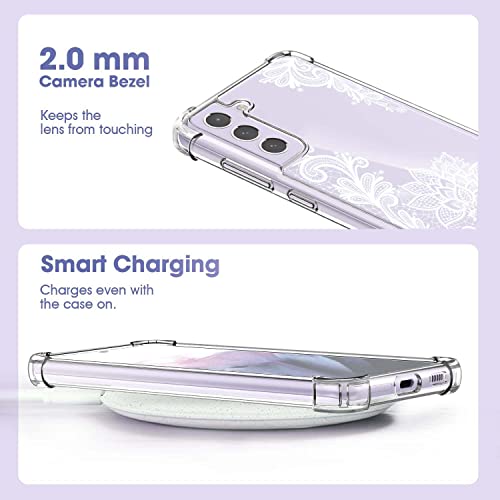 KIOMY Clear Case for Samsung Galaxy S21 FE 5G Shockproof Bumper Protective Cell Phone Back Cover, Hybrid Design Hard PC Back with Flexible TPU Frame Clear with Cute Lace Floral Design - Image 2