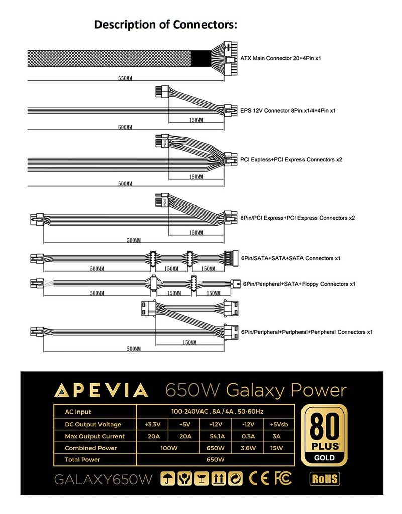 Apevia ATX-GX650W Galaxy 650W 80+ Gold Certified Active PFC ATX Semi-Modular Quiet Gaming Power Supply - Image 3