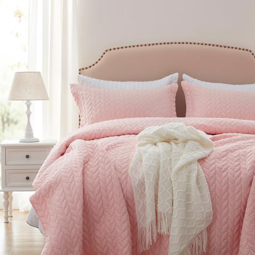 SunStyle Home Pink Quilt Twin Size Bedding Set, Lightweight Comforter Bedspread Blanket Soft Reversible Coverlet for All Season 2pcs Leaf Embroidered Durable Quilted Stitching Bed Set Blush Girl - Image 3