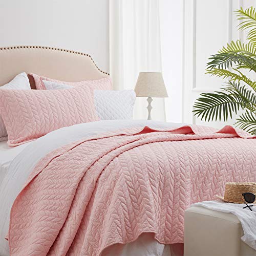 SunStyle Home Pink Quilt Twin Size Bedding Set, Lightweight Comforter Bedspread Blanket Soft Reversible Coverlet for All Season 2pcs Leaf Embroidered Durable Quilted Stitching Bed Set Blush Girl - Image 1