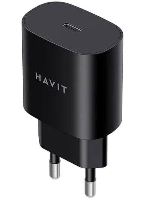 شاحن حائط Havit UC25-25W USB-C للشحن السريع، أسود لهاتف Samsung Galaxy S23/S23+/S22/S21/S20/Ultra/Plus، Note 20/10/S10، Galaxy Tab S7/S8، A34، A14