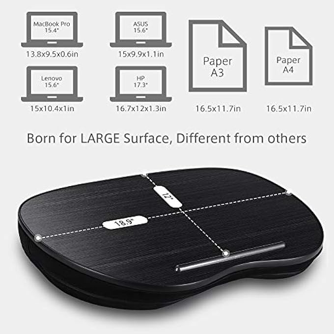rayihni LAP DESK MULTI-FUNCTION KNEE DESK FOR LAPTOP MACBOOK IPAD TABLET FITS UP TO 18IN PORTABLE HAND PILLIOW, COMFORTABLE CUSHION- SQUARE BLACK ... 18.9"W * 13.8"D * 3.1"H - Image 3