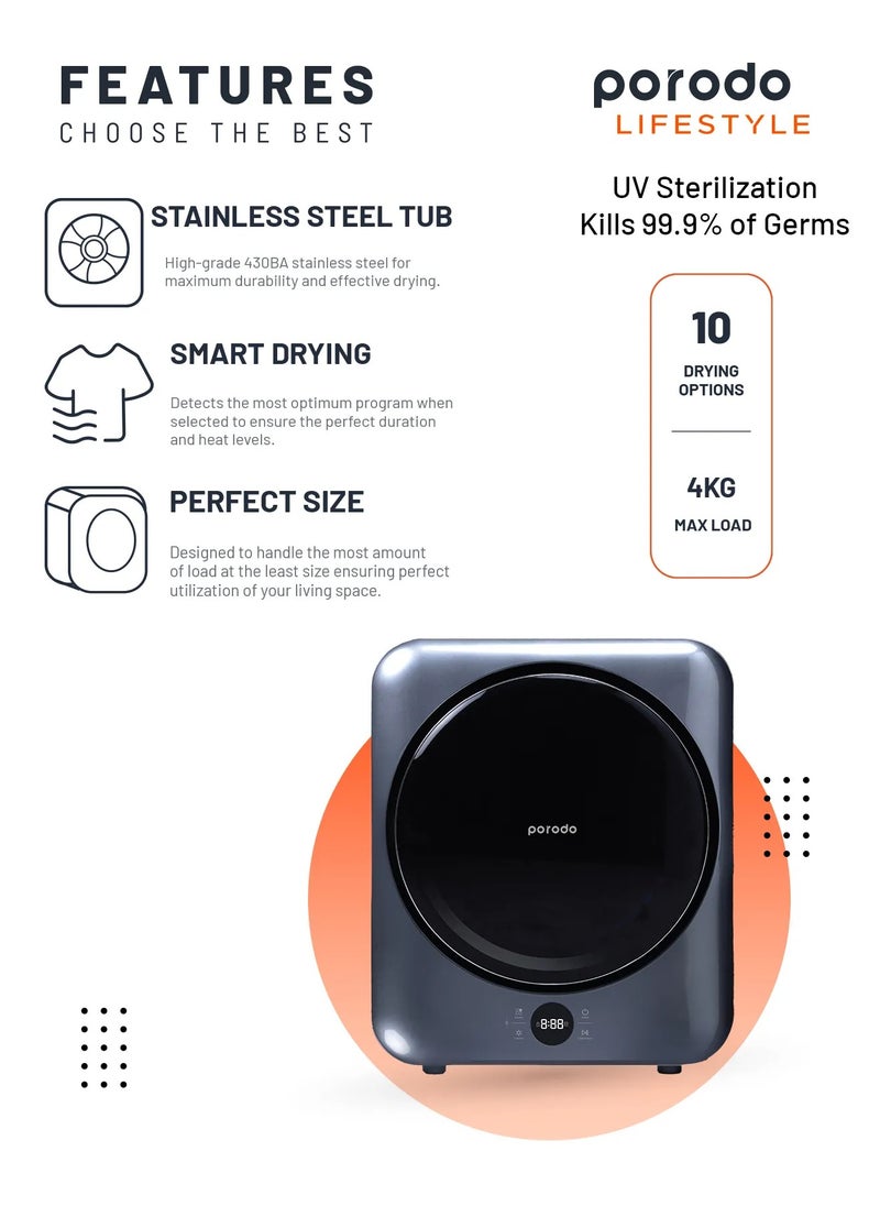 porodo Smart Mini Dryer 4KG with UV Function 1150W / Mini clothes dryer / Compact dryer for home / Mini laundry dryer - Silver  - Image 2