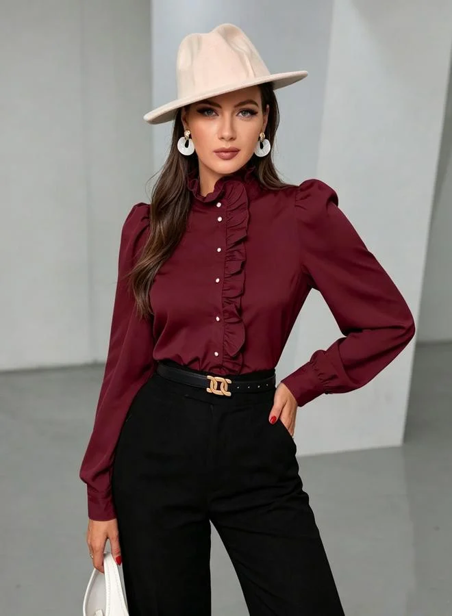 تايك تو Burgundy Ruffled Long Sleeve Blouse