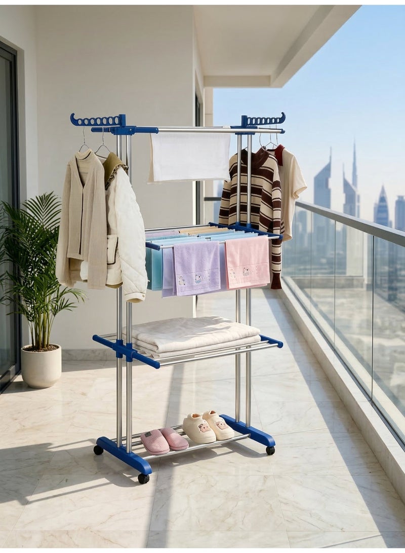Blue 4-Tier Foldable Clothes Drying Rack, Movable Rolling Stainless Steel Laundry Rack with Castors, Adjustable Large Garment Dryer Stand for Indoor, Outdoor, Balcony & Bathroom - Image 2