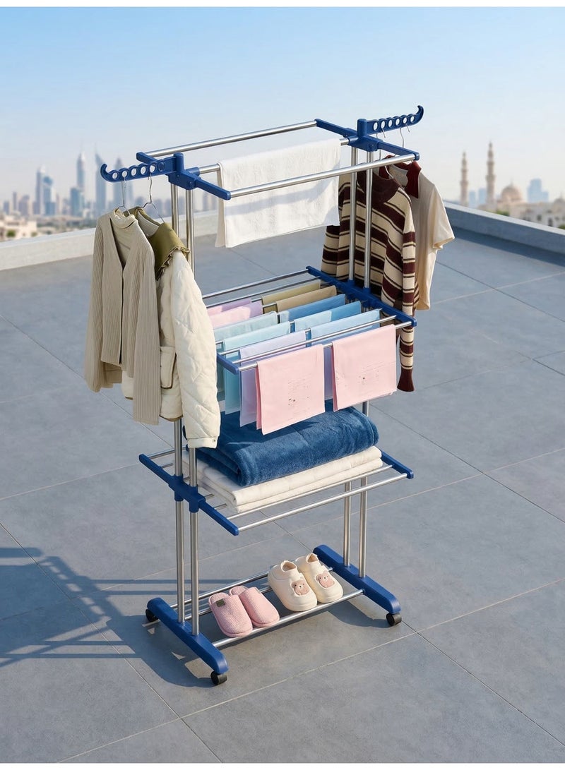 Blue 4-Tier Foldable Clothes Drying Rack, Movable Rolling Stainless Steel Laundry Rack with Castors, Adjustable Large Garment Dryer Stand for Indoor, Outdoor, Balcony & Bathroom - Image 4