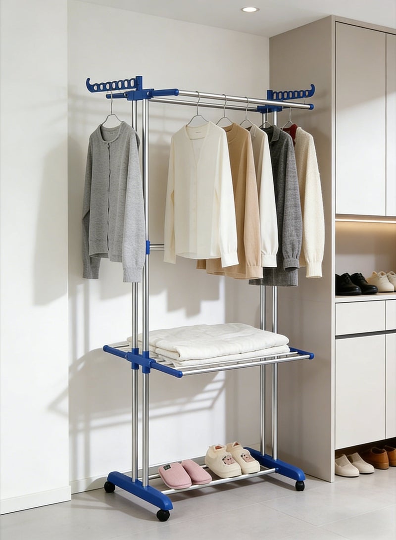 Blue 4-Tier Foldable Clothes Drying Rack, Movable Rolling Stainless Steel Laundry Rack with Castors, Adjustable Large Garment Dryer Stand for Indoor, Outdoor, Balcony & Bathroom - Image 5