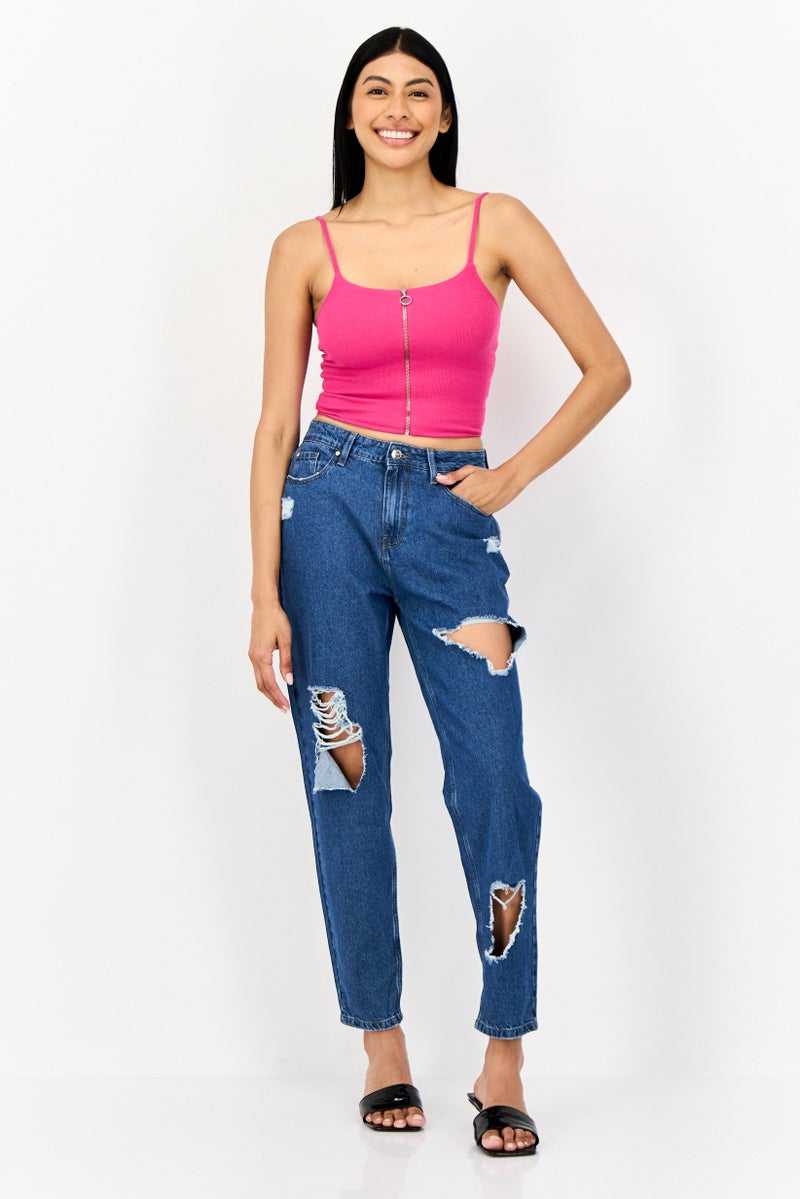 ONLY Women Straight Fit High Rise Ripped Non Stretch Denim Jeans, Blue  - Image 2