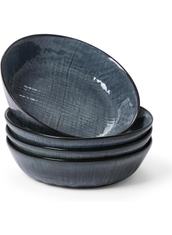 Famiware Moonlight 4 Piece Stoneware Pasta Bowls Set in 8.7 inches, 34oz Serving Bowl for Pasta, Salad, Noodles with Linen Finish, Scratch Resistant, Microwave & Dishwasher Safe, Dark Blue  - Image 1