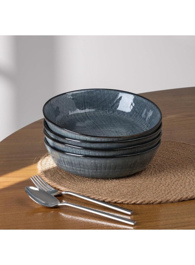 Famiware Moonlight 4 Piece Stoneware Pasta Bowls Set in 8.7 inches, 34oz Serving Bowl for Pasta, Salad, Noodles with Linen Finish, Scratch Resistant, Microwave & Dishwasher Safe, Dark Blue  - Image 4