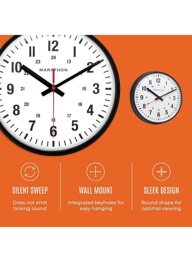 Marathon 10” Analog Clock Black Silent Continuoussweep Second Hand Easytoread Dial 12 & 24Hour Markers Integrated Keyholes For Easy Wall Mounting - Image 4