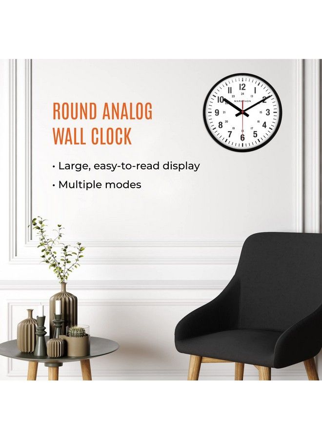 Marathon 10” Analog Clock Black Silent Continuoussweep Second Hand Easytoread Dial 12 & 24Hour Markers Integrated Keyholes For Easy Wall Mounting - Image 3