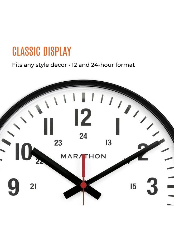 Marathon 10” Analog Clock Black Silent Continuoussweep Second Hand Easytoread Dial 12 & 24Hour Markers Integrated Keyholes For Easy Wall Mounting - Image 5