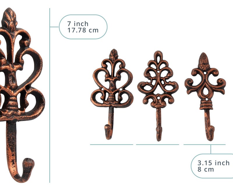 Comfify Shabby Chic Decorative Wall Hooks - Set of 3 - Cast Iron French Country Wall Decor - Farmhouse Hangers for Coats, Purses and More - Copper with Black - Image 3
