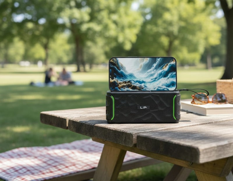 ال بي سبيكر بلوتوث لاسلكي محمول LP-V95 مع حامل للجوال، صوت ستيريو عالي 8 واط وباس قوي، يدعم راديو FM وUSB وذاكرة، بطارية 800mAh، تقنية TWS، مثالي للرحلات والحفلات والمنزل - لون أسود - Image 2