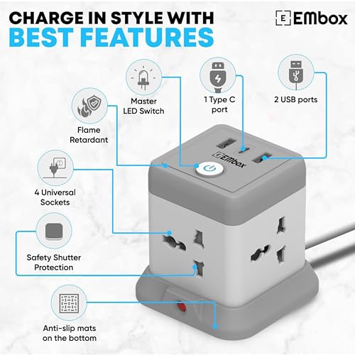 EMBOX Cube Extension Board with USB Type C (2.4 A) (QC 3.0) | 2500W Heavy Duty Extension Board with Switches | Extension Cord with Universal Sockets Safety Shutter & Overload Protector, 2 Meter - Image 5