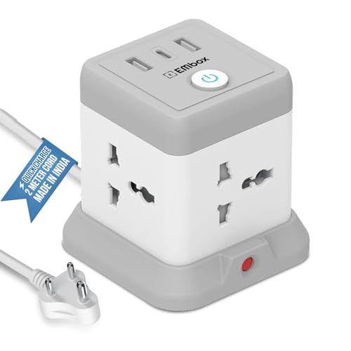EMBOX Cube Extension Board with USB Type C (2.4 A) (QC 3.0) | 2500W Heavy Duty Extension Board with Switches | Extension Cord with Universal Sockets Safety Shutter & Overload Protector, 2 Meter - Image 1
