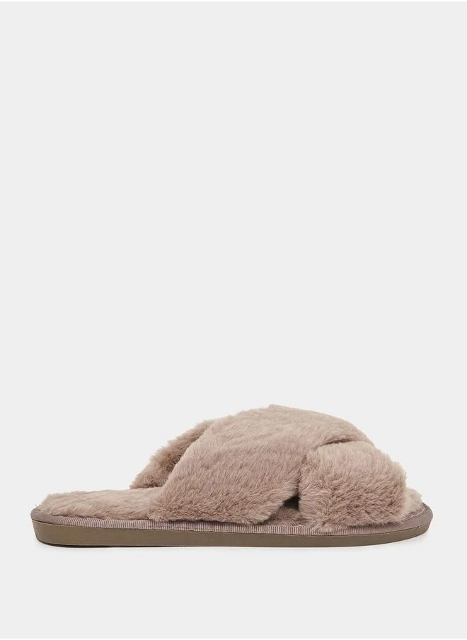 Styli Criss Cross Strap Fluffy Bedroom Slippers