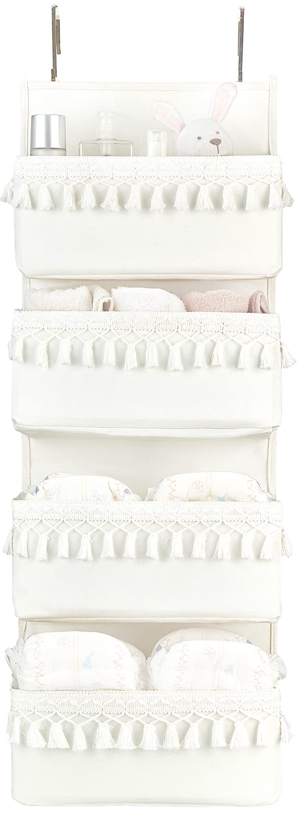 منظم فوق الباب داهاي بتصميم بوهيمي لتخزين ديكور الحضانة، منظم مع تعليقات للغرفة، الحضانة، الحمام، الشقق، السكن الجامعي، المخزن 4 جيوب أبيض