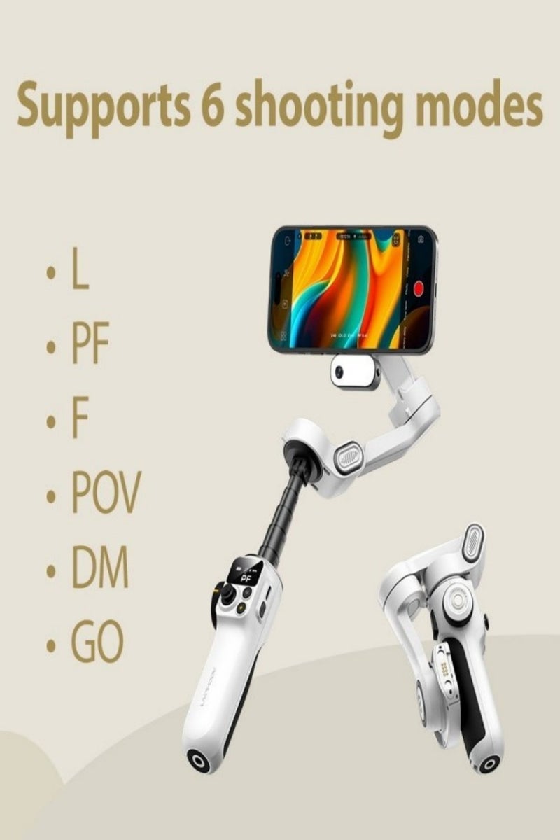 Aochuang Intelligent P2 3-Axis Stabilized Gimbal - White, foldable with magnetic holder SMART70 anti-shake, face tracking/gesture control for video blogging live streaming selfies sports ideal for ladies outdoor enthusiasts live streamers, 6 modes, 20cm rod - Image 1