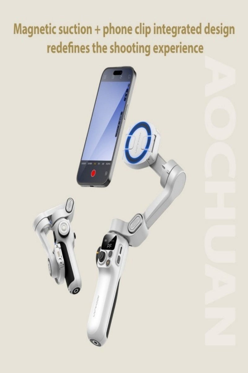 Aochuang Intelligent P2 3-Axis Stabilized Gimbal - White, foldable with magnetic holder SMART70 anti-shake, face tracking/gesture control for video blogging live streaming selfies sports ideal for ladies outdoor enthusiasts live streamers, 6 modes, 20cm rod - Image 2