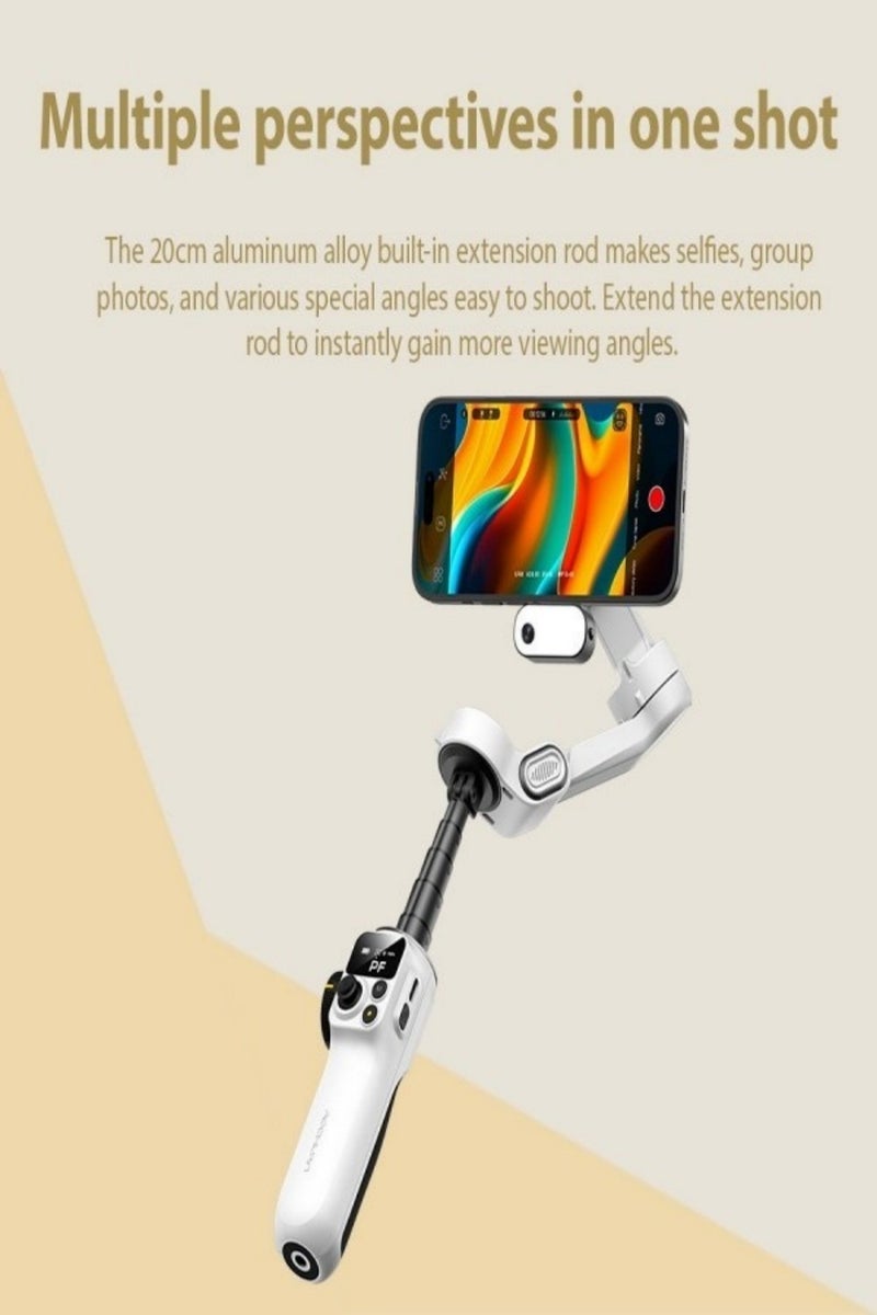 Aochuang Intelligent P2 3-Axis Stabilized Gimbal - White, foldable with magnetic holder SMART70 anti-shake, face tracking/gesture control for video blogging live streaming selfies sports ideal for ladies outdoor enthusiasts live streamers, 6 modes, 20cm rod - Image 3