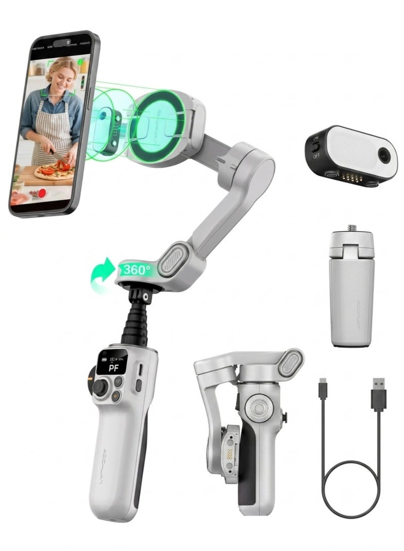 اوتشوان مثبت جوال ذكي، مانع اهتزاز 3 محاور، جيمبال فلوقات، Aochuan Smart P2، مانع اهتزاز مغناطيسي، عصا سيلفي ذكية 20 سم، ستاند تصوير للبث المباشر، مثبت تصوير للرحلات والرياضة، هدايا تصوير للنساء، مانع اهتزاز أبيض، مثبت تتبع الوجه، التحكم بالإيماءات، مثبت جوال قابل للطي، جيمبال ريلز، مانع اهتزاز احترافي. - Image 1