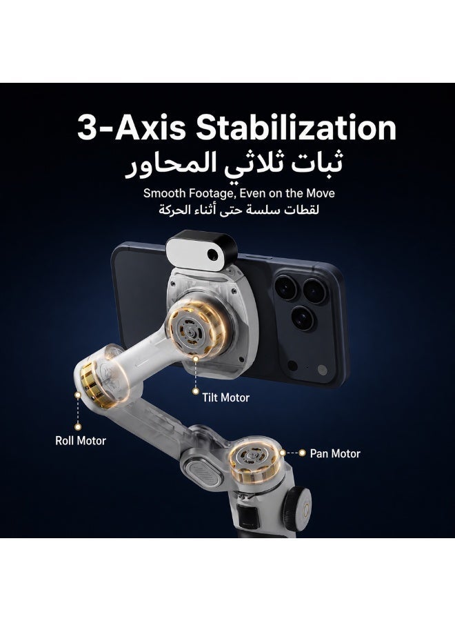 Aochuan Smart P2 3-Axis Stabilized Gimbal - White, foldable with magnetic holder SMART70 anti-shake, face tracking/gesture control for video blogging, live streaming, reels, selfies, and sports. Ideal for ladies, outdoor enthusiasts, and live streamers. Features 6 shooting modes and a 20cm built-in extension rod. - Image 5