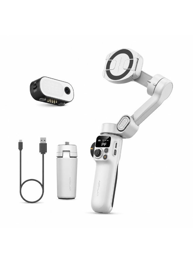 Aochuan Smart P2 3-Axis Stabilized Gimbal - White, foldable with magnetic holder SMART70 anti-shake, face tracking/gesture control for video blogging, live streaming, reels, selfies, and sports. Ideal for ladies, outdoor enthusiasts, and live streamers. Features 6 shooting modes and a 20cm built-in extension rod. - Image 1