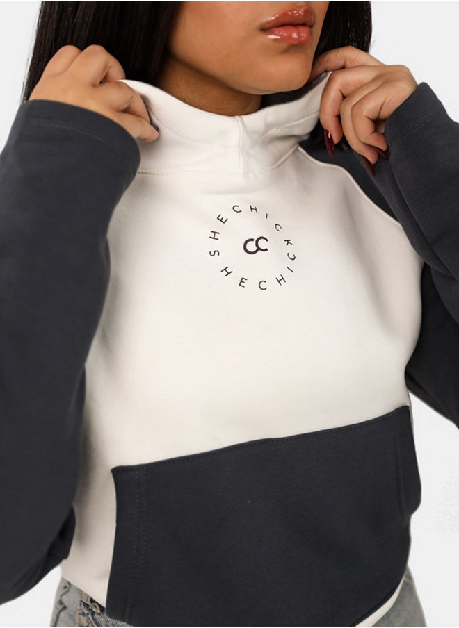 SHECHICK Shechick White & Dark Grey Cropped Hoodie  - Image 2