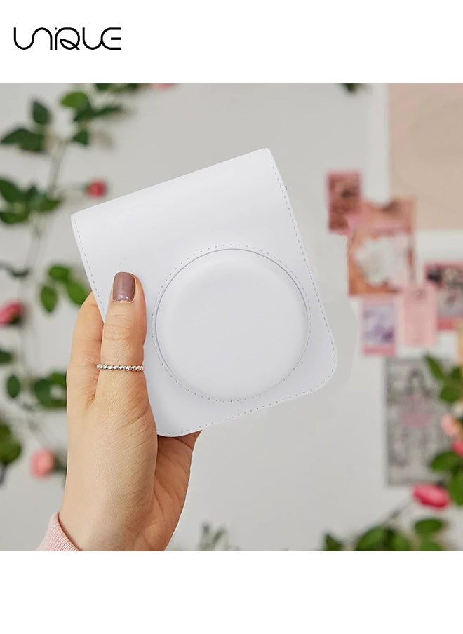 يونيك حقيبة كاميرا متوافقة مع Instax Mini 12 ، حقيبة واقية من جلد PU مع جيب وحزام كتف قابل للتعديل (أبيض)  - Image 4