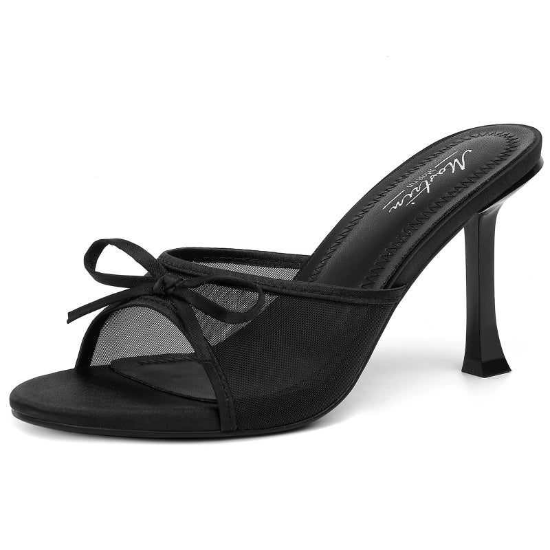 Mostrin Black Mesh Mules Heels with Bow Open Round Toe Stiletto High Heels for Women Dress Slip On Backless Heeled Sandals for Party Holiday Size 6 - Image 1