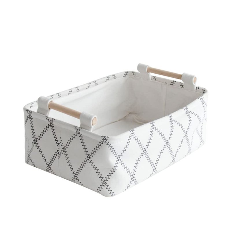 LUFOFOX Decorative Collapsible Rectangular Fabric Storage Bin Organizer Basket with Wooden Handles for Clothes Storage,12.6x8.7x4.7 inch,White - Image 1