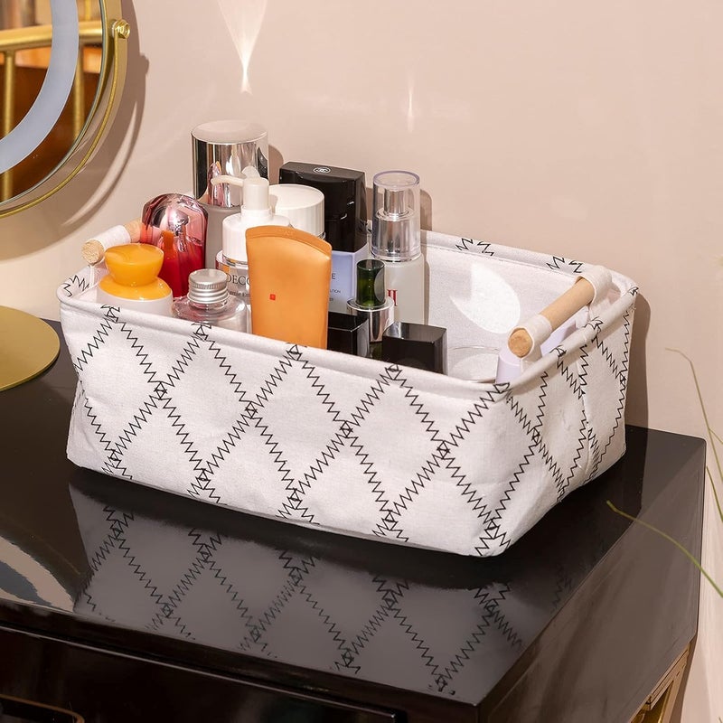 LUFOFOX Decorative Collapsible Rectangular Fabric Storage Bin Organizer Basket with Wooden Handles for Clothes Storage,12.6x8.7x4.7 inch,White - Image 5
