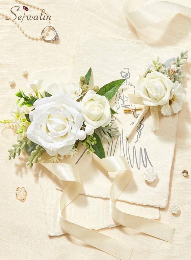 Serwalin White Corsage and Boutonniere Set, Artificial Rose Wrist Corsage Wristlet and Boutonniere Set for Prom, Homecoming, Wedding, Anniversary Party Prom Suit Dress Flower Accessories - Image 4