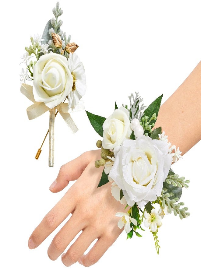 Serwalin White Corsage and Boutonniere Set, Artificial Rose Wrist Corsage Wristlet and Boutonniere Set for Prom, Homecoming, Wedding, Anniversary Party Prom Suit Dress Flower Accessories - Image 1