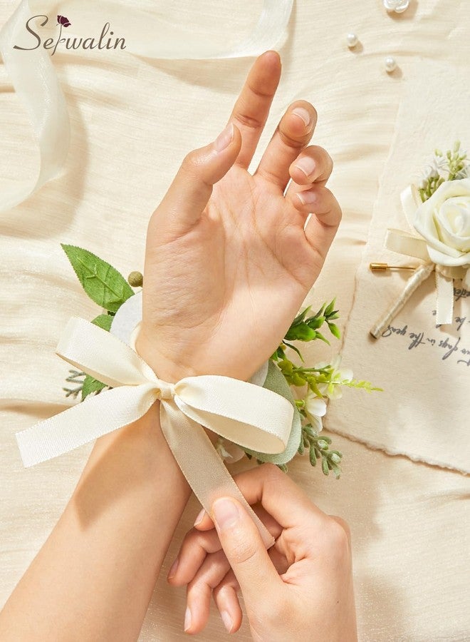 Serwalin White Corsage and Boutonniere Set, Artificial Rose Wrist Corsage Wristlet and Boutonniere Set for Prom, Homecoming, Wedding, Anniversary Party Prom Suit Dress Flower Accessories - Image 5
