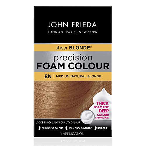 John Frieda جون فريدا لون الشعر الرغوي الدقيق أشقر طبيعي متوسط 8N مجموعة صبغة الشعر تغطية كاملة مقاومة للتلاشي تغطية رمادية تشبع لون عميق صبغة شعر 1 تطبيق
